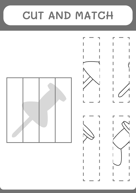 Corte e combine partes do jogo push pin para crianças planilha imprimível de ilustração vetorial