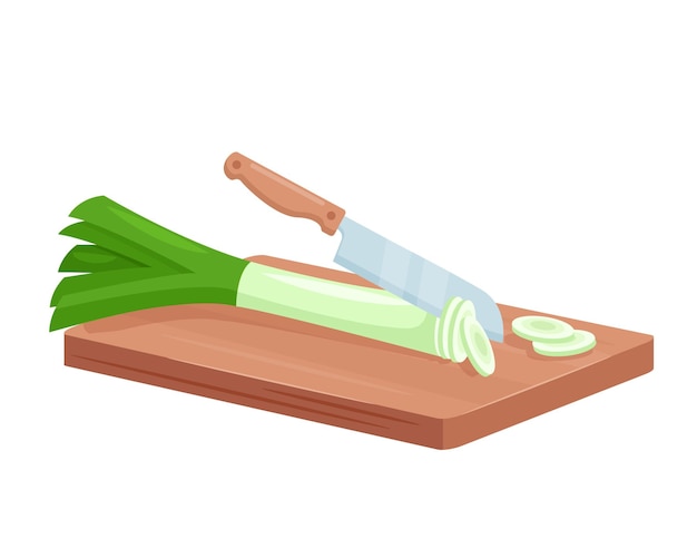 Corte o alho-poró para cozinhar desenhos animados 3d fatias de alho-poró verde fresco picado na placa de madeira, cortando cebola