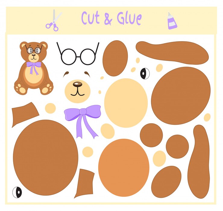 Vetor corte partes da imagem e cole no papel. urso em copos. peluche