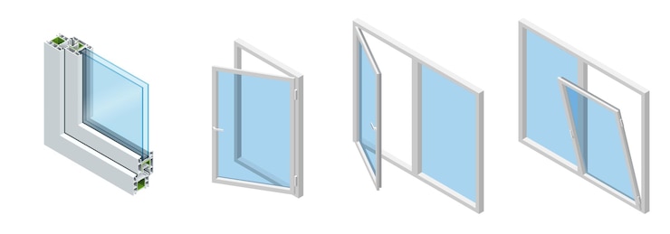 Vetor corte transversal isométrico através de uma vidraça de perfil de pvc grão de madeira laminada, branco clássico. conjunto de diagrama de seção transversal de janelas envidraçadas.