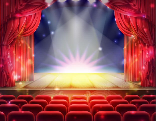 Cortina vermelha aberta e palco teatral vazio iluminado com faíscas caindo