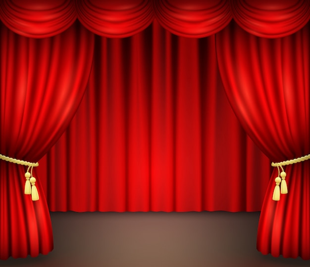 Vetor cortina vermelha com drapeado no palco do teatro