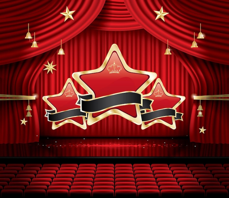 Vetor cortina vermelha do palco com três estrelas, assentos e espaço de cópia. ilustração vetorial cena de teatro, ópera ou cinema. luz no chão.
