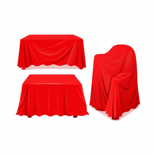 Cortinas de pano vermelho que cobrem diferentes tipos de móveis isolados com fundo branco 20