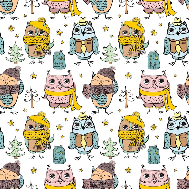Coruja colorida padrão sem emenda bonito dos desenhos animados está olhando para você, arte em quadrinhos de vetor de ilustração para qualquer cartão.
