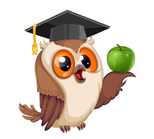 Vetor coruja com chapéu de formatura segurando maçã verde de volta às aulas personagem de desenho animado da coruja sábia