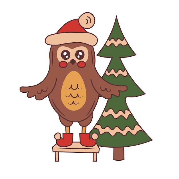 Coruja de natal com chapéu de papai noel com árvore