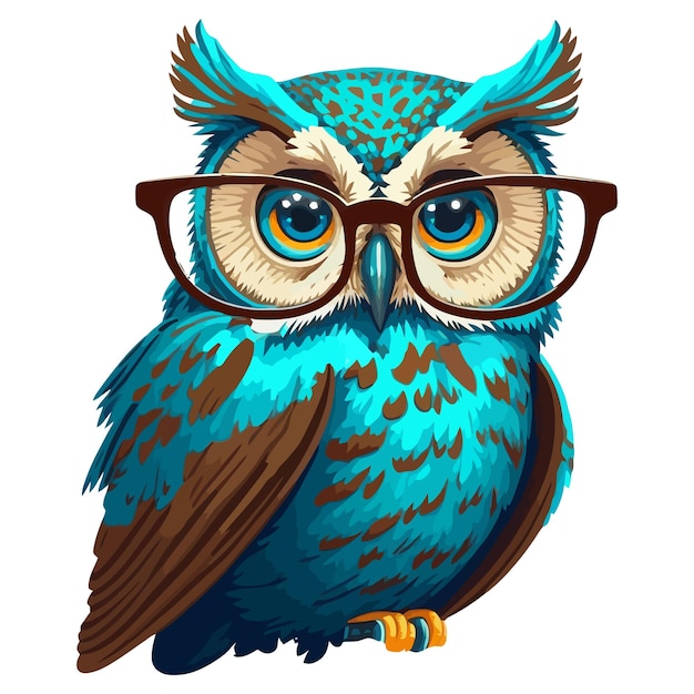 Coruja de pássaro azul em óculos grandes para animais inteligentes de visão