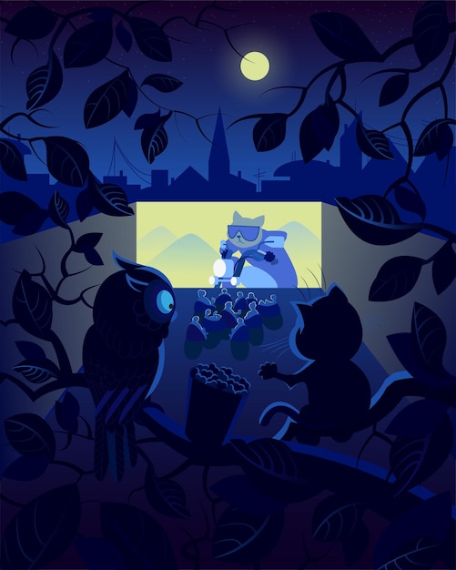 Vetor coruja e gato sentados em uma árvore, assistindo a um filme e comendo pipoca