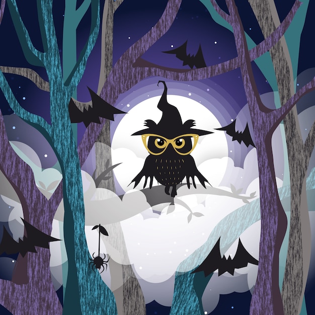 Coruja negra no fundo da árvore da lua cheia