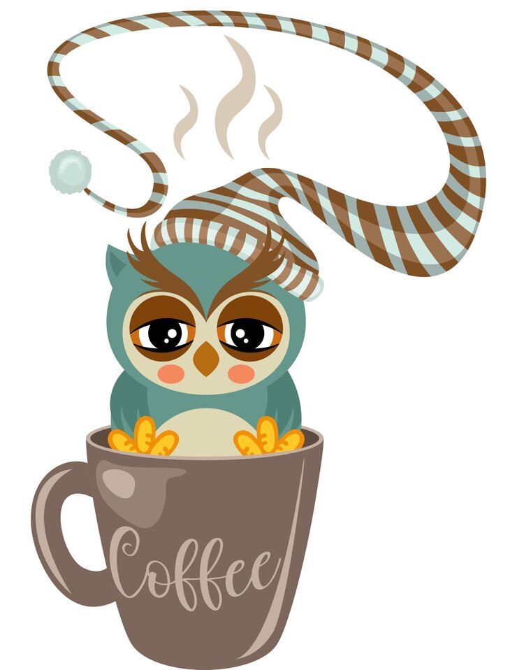 Vetor coruja sonolenta com chapéu de dormir dentro de uma xícara de café