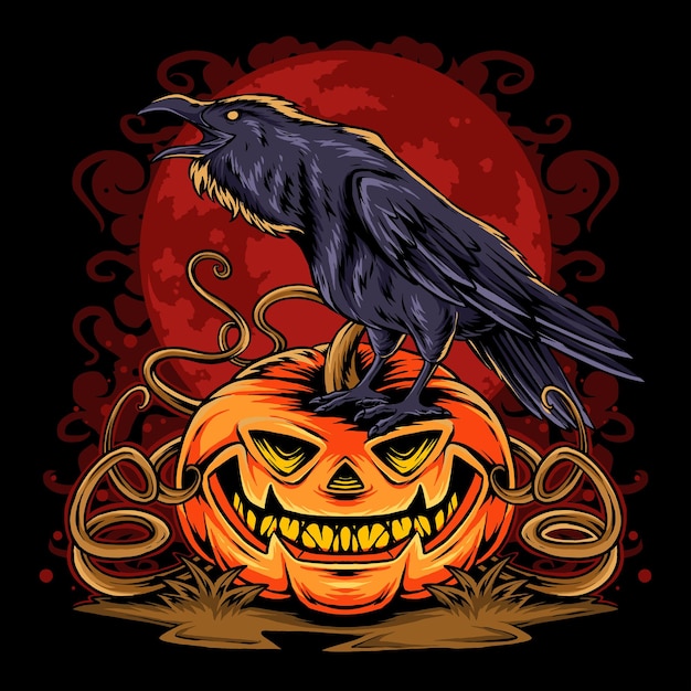 corvo de halloween na abóbora de halloween em arte vetorial de fundo de lua cheia