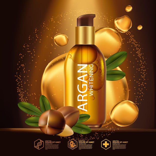 Cosmético de ilustração realista com ingredientes cosméticos de óleo de argan para a pele