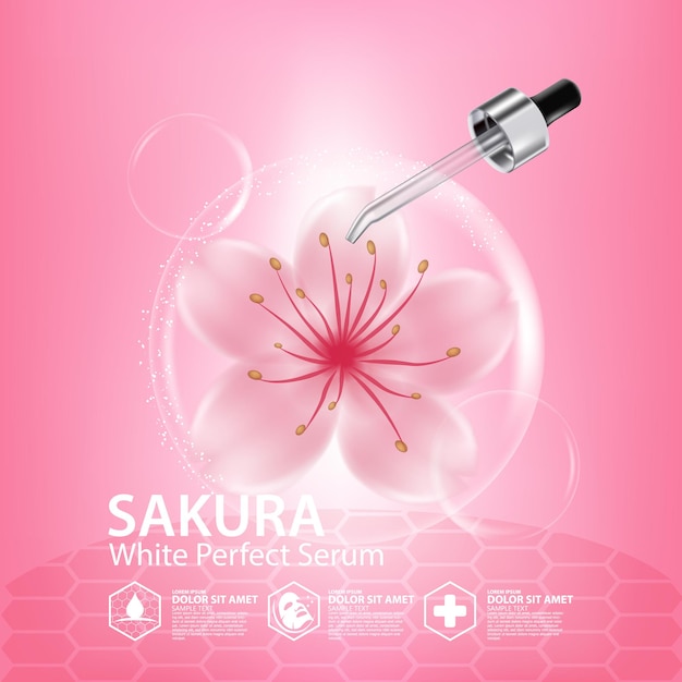 Cosmético de ilustração realista com ingredientes cosméticos para a pele sakura cherry blossoms