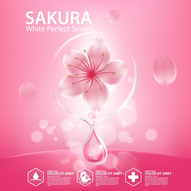 Cosmético de ilustração realista com ingredientes cosméticos para a pele sakura cherry blossoms