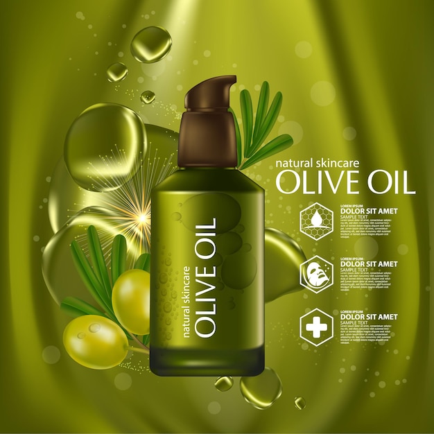 Cosmético de ilustração realista com ingredientes cosméticos para cuidados com a pele com azeite de oliva