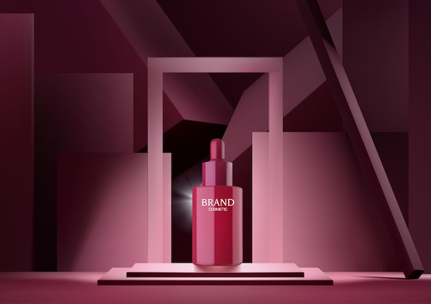 Vetor cosmético do produto com cena mínima abstrata do cilindro vermelho e ilustração da maquete do quadro realista