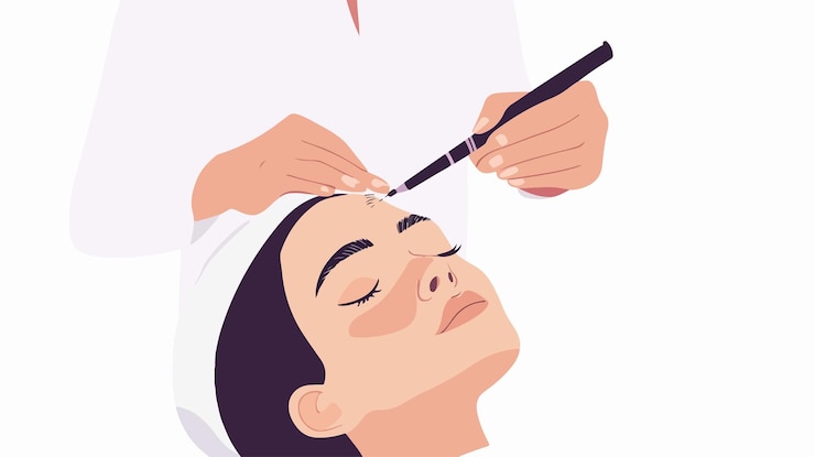 Vetor cosmético profissional a realizar um procedimento de microblading no cliente