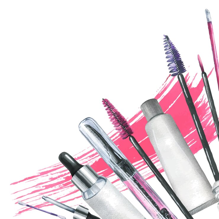 Vetor cosméticos decorativos e de cuidados pessoais em frascos pretos e rosa pincéis manchas aquarela desenhada à mão