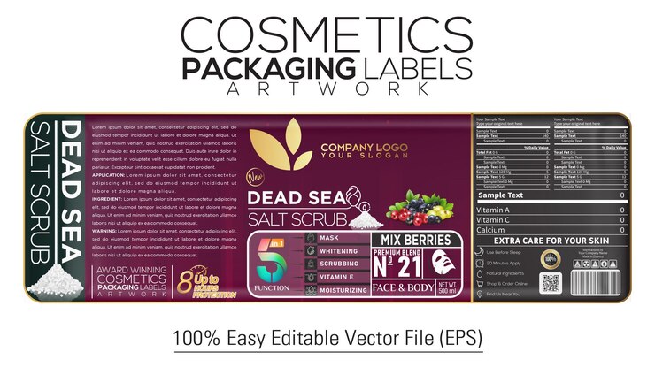 Vetor cosméticos embalagem rótulo arte sal do mar morto 5 em 1 com mix berry