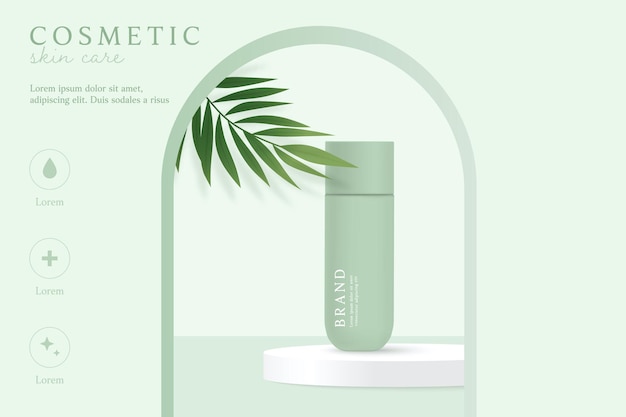 Cosméticos naturais e modelo de anúncios de produtos para cuidados com a pele em fundo verde com folhas