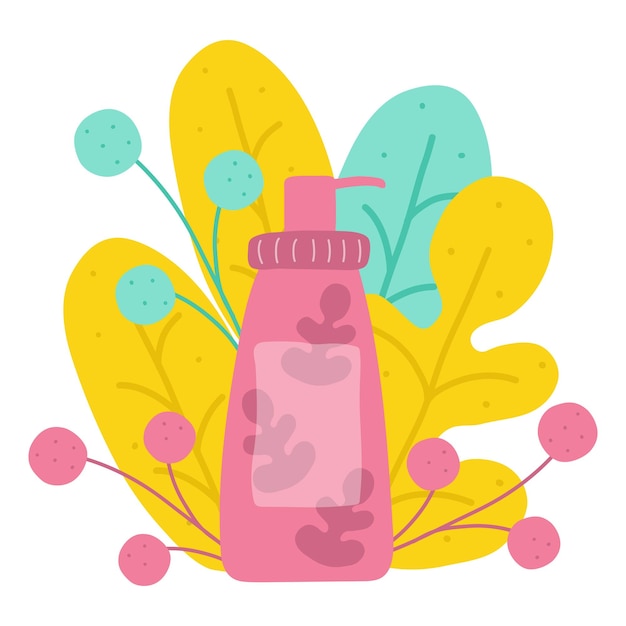 Cosméticos para cabelos, pele, rosto e corpo. frasco rosa, loções, xampus. folhas e grama. eco