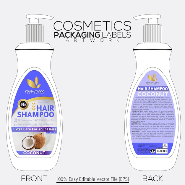 Vetor cosméticos rótulos de embalagem obras de arte design shampoo para o cabelo com garrafa mockup coco