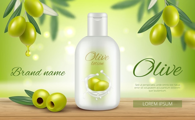 Vetor cosméticos verde-oliva. banners promocionais modelo de vitamina de óleo de proteção de pele de rosto natural beleza mulher.