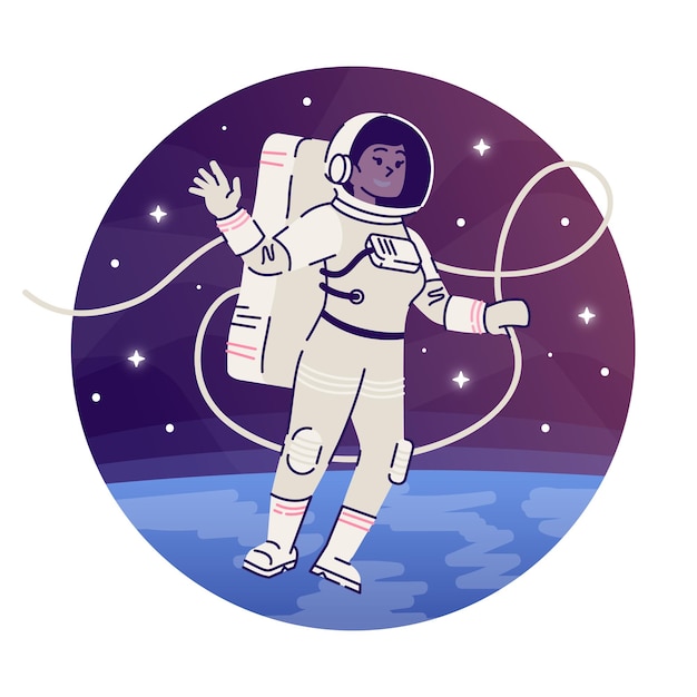 Cosmonauta flutuando no ícone de conceito plano do espaço sideral. Astronauta feminina em traje espacial explorando o adesivo do cosmos, clipart. Ilustração de desenho animado isolada de viagem interestelar em fundo branco