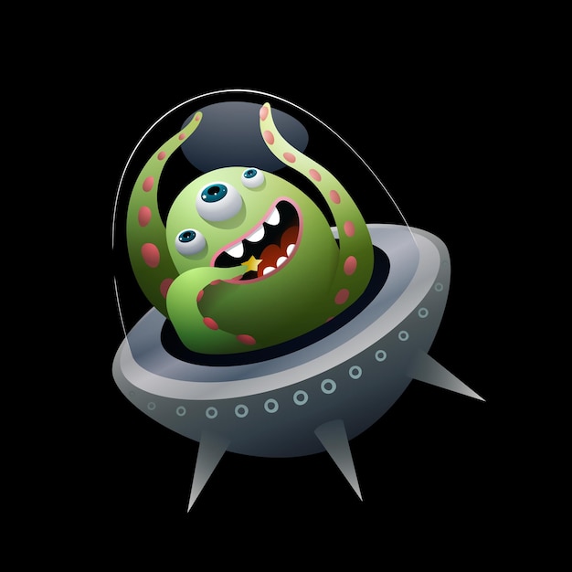 Cosmonauta ufo alienígena no espaço sideral personagem fofo monstro engraçado no espaço isolado clipart em preto