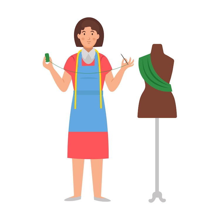Vetor costureira de desenho animado com linha, agulha e manequim, personagem para crianças. ilustração vetorial plana