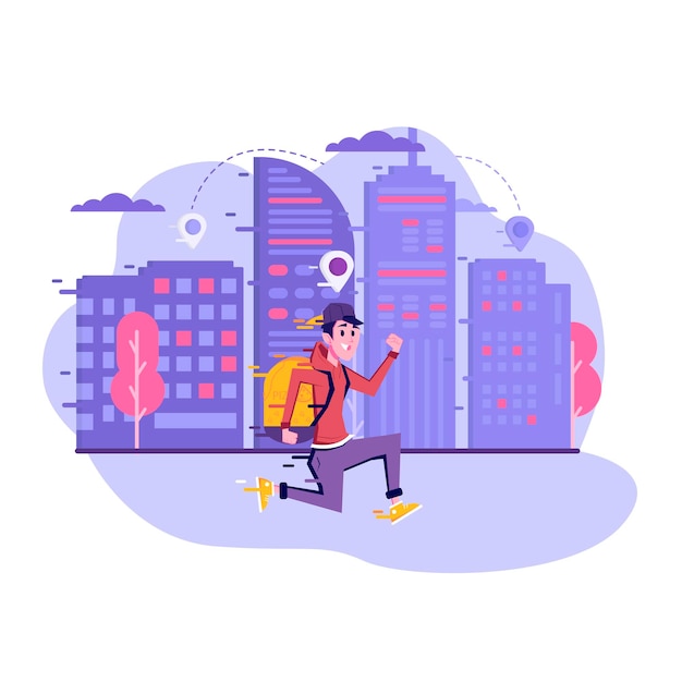 Courier com uma mochila corre para entregar o pacote vetor plano