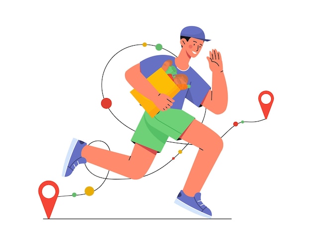 Courier correndo com conceito de sacos Entrega rápida em casa de produtos e mantimentos Compras on-line e comércio eletrônico Logística e transporte Cartoon ilustração vetorial plana