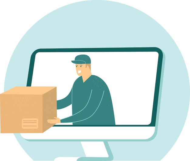 Courier dá caixa de papelão da tela do monitor do computador Conceito de entrega rápida