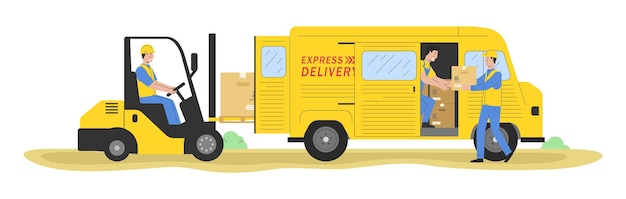 Courier delivery service concept storehouse trabalhadores courier em caixas de papelão de carregamento uniforme com empilhadeira e dar encomendas para clientes de van cartoon linear outline flat vector illustration