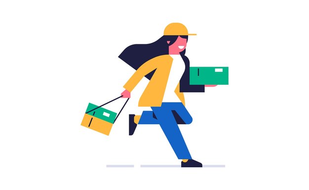 Courier entrega on-line de encomendas O correio do serviço de entrega corre com as caixas de pedidos Mulher feliz em um uniforme de trabalho Ilustração vetorial plana isolada no fundo
