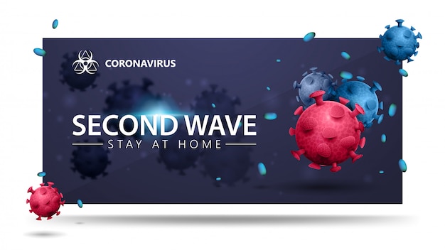 Covid-19, conceito de segunda onda. banner azul com moléculas de coronavírus 3d rosa e azul. banner 3d com design moderno. coronavírus 2019-ncov.