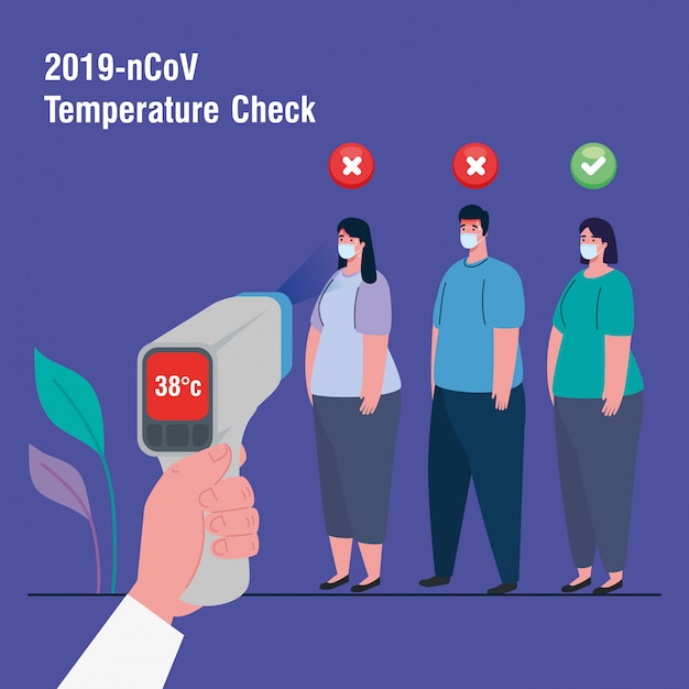 Covid 19 coronavírus, pessoas em teste com termômetro infravermelho para medir a temperatura corporal
