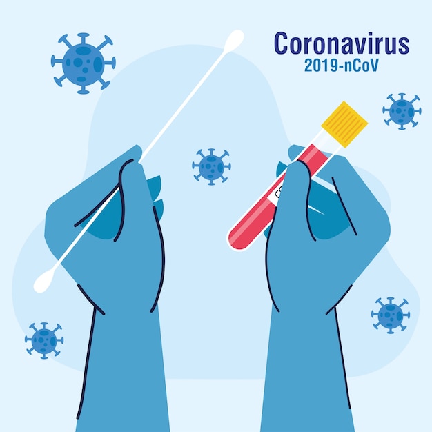 Covid 19 testa vírus com luvas segurando um cotonete e design de tubo de ncov cov e tema coronavírus