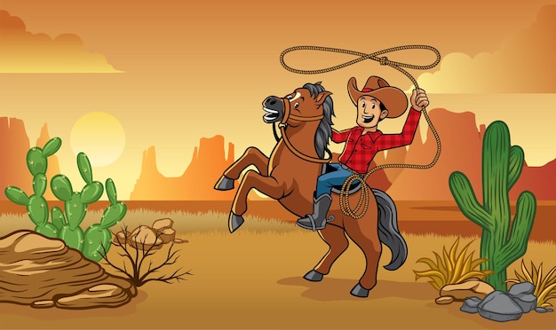 Cowboy cavalgando no deserto