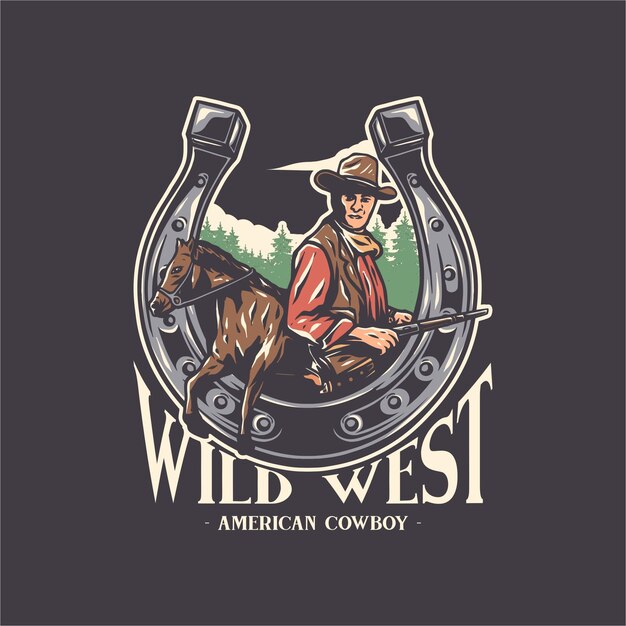 Vetor cowboy com logotipo de cavalo ilustração vetorial vintage