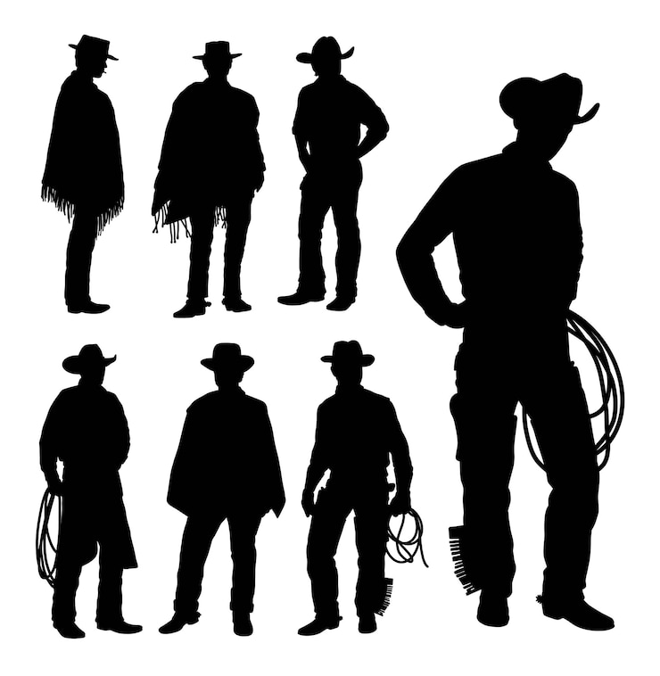 Vetor cowboy com silhueta de pose de chapéu e laço