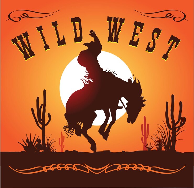 Vetor cowboy em um cavalo no fundo do sol poente oeste selvagem
