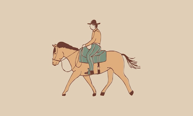 Vetor cowboy montando sua ilustração vintage desenhada de mão de cavalo