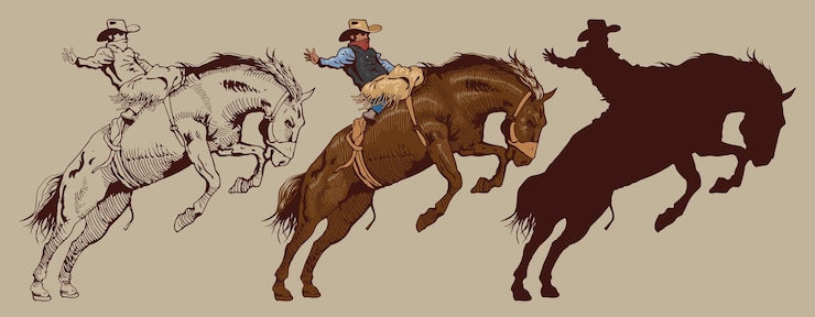 Vetor cowboy montando um cavalo selvagem mustang arredondando um cavalo chutando em um esboço gráfico de rodeio esboçando