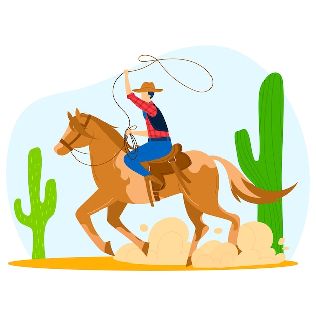 Vetor cowboy montar ilustração vetorial de cavalo selvagem macho de rodeio ocidental em chapéu de desenho animado com corda de laço cavaleiro de animal ocidental a cavalo