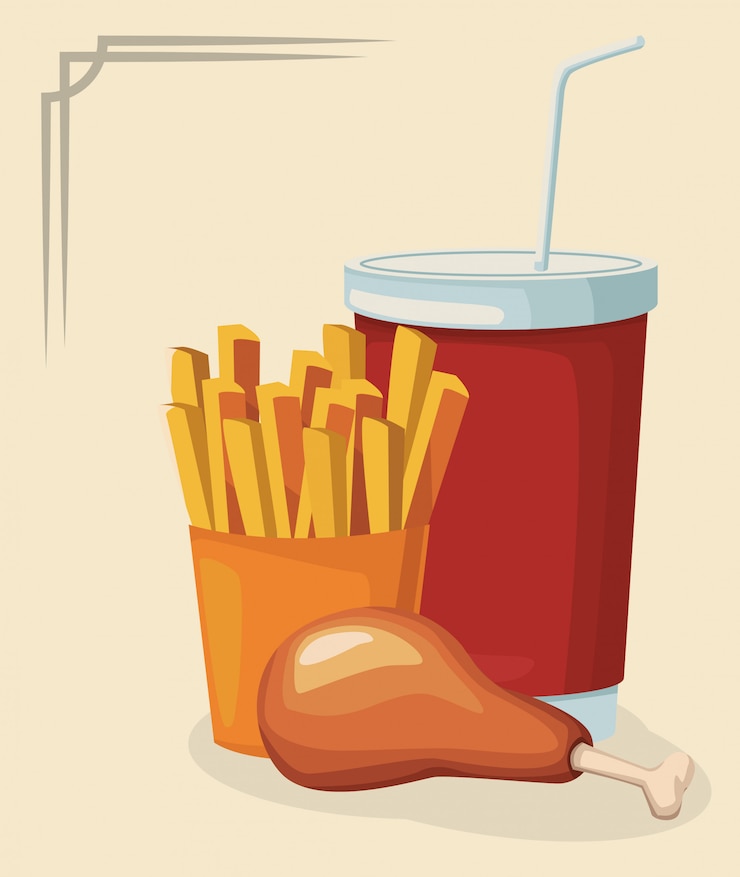 Vetor coxa de frango com batatas fritas e copo de refrigerante