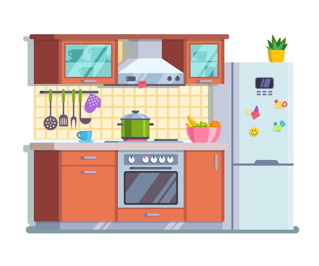 Cozinha com azulejos amarelos e uma geladeira Ilustração vetorial de linha fina de estilo plano moderno