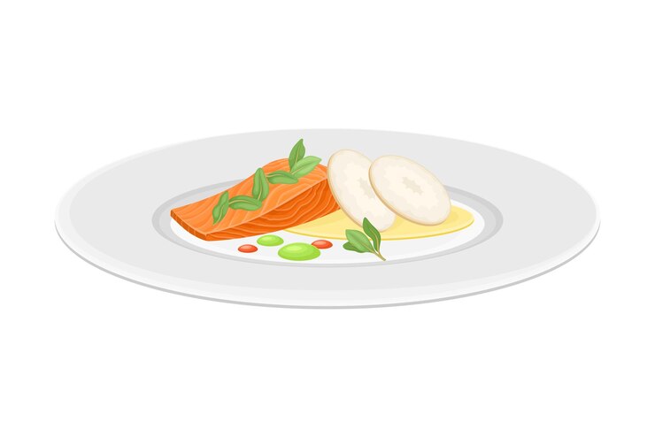 Vetor cozinha de alta qualidade com preparação meticulosa de frutos do mar e servido em prato com um vetor de guarnição sofisticado