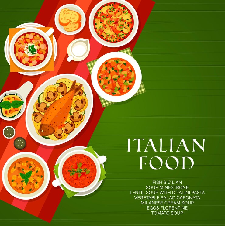 Vetor cozinha italiana vector sopa de lentilha com macarrão ditalini, salada de legumes caponata e sopa creme milanesa com peixe siciliano. sopa minestrone, sopa de tomate e ovos florentinos, pôster de desenho animado da itália
